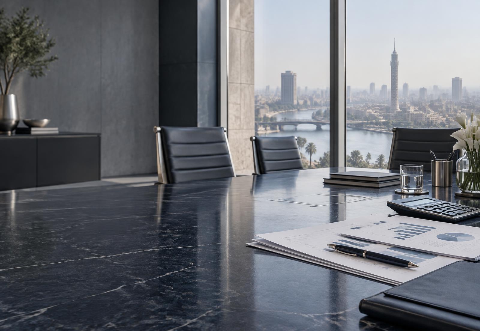 Modern financial advisory boardroom overlooking Cairo